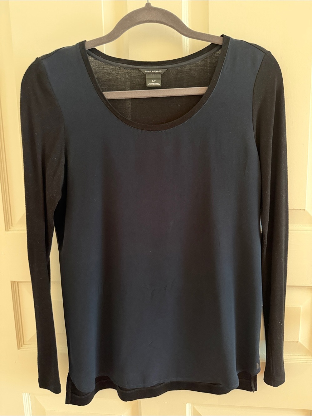 Club Monaco Navy Front Panel Black Sleeve Long-Sleeve Top